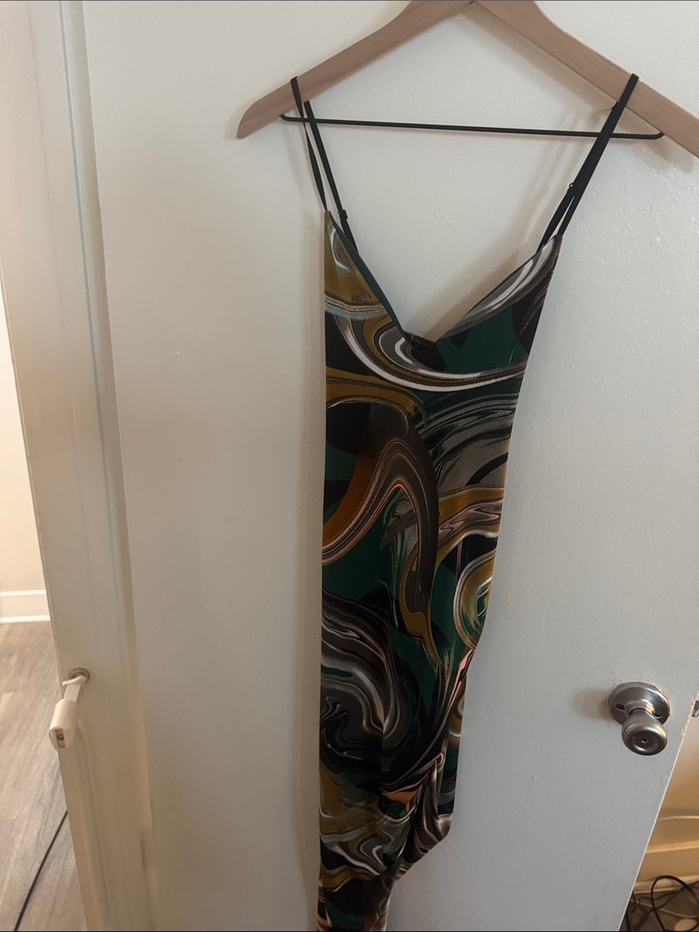 Green Swirl Pattern Slip Dress with Spaghetti Straps